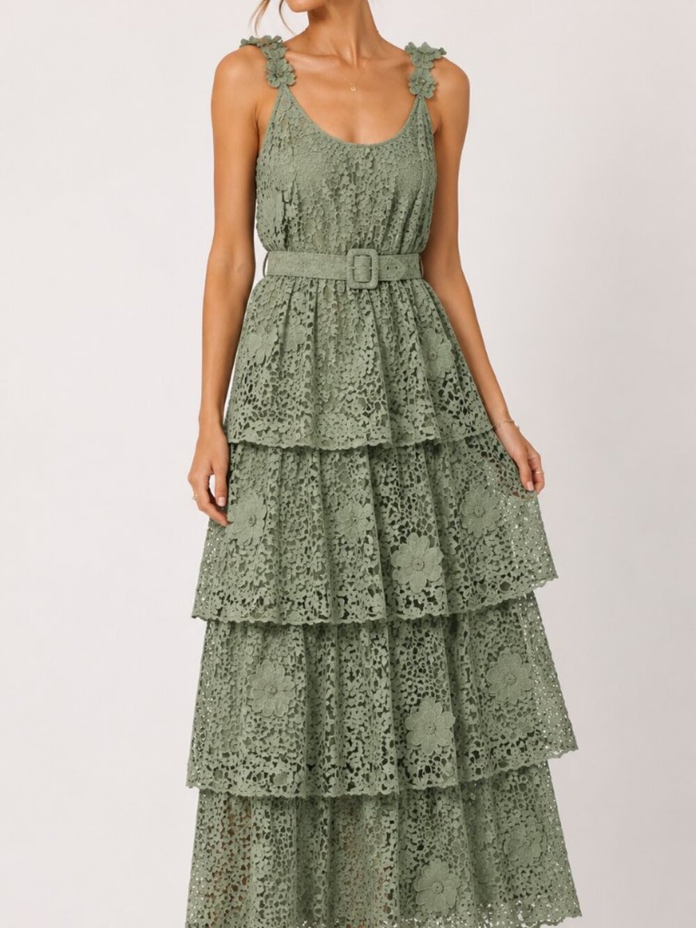 NWT Eddy Emmy Dress Mint Green Floral Lace Tiered Maxi Dress Belted $568